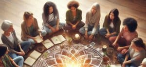 Women sitting in a circle with a mandala rug at the center. Light is emitting from the center of the circle,. Open books are in front of some of th women.