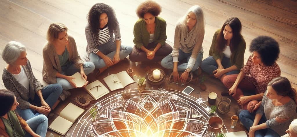 Women sitting in a circle with a mandala rug at the center. Light is emitting from the center of the circle,. Open books are in front of some of th women.