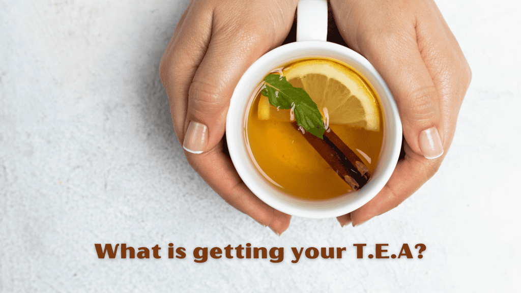 a womans hands holding a cup of tea with lemon and a cinnamon stick.